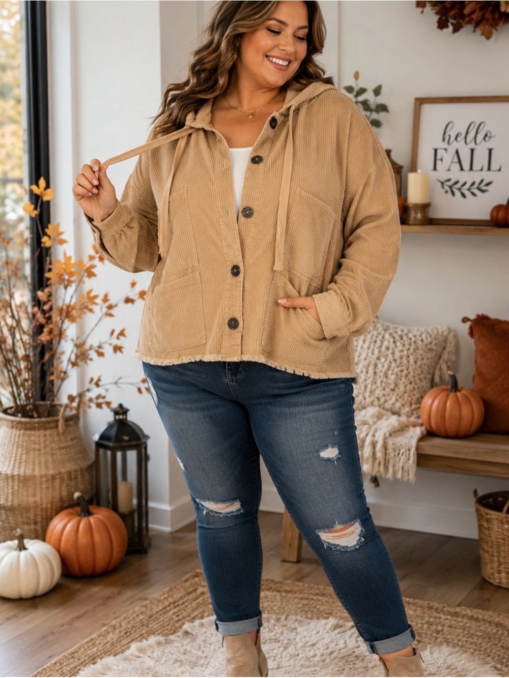 Plus Size 3XL Corduroy Hooded Shacket Oversized Raw Hem Fall Jacket NWT